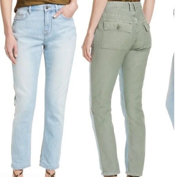 Frame Le Beau Jeans Cargo Light Blue and Green Mixed Media High Rise Sz 28 - Picture 1 of 14